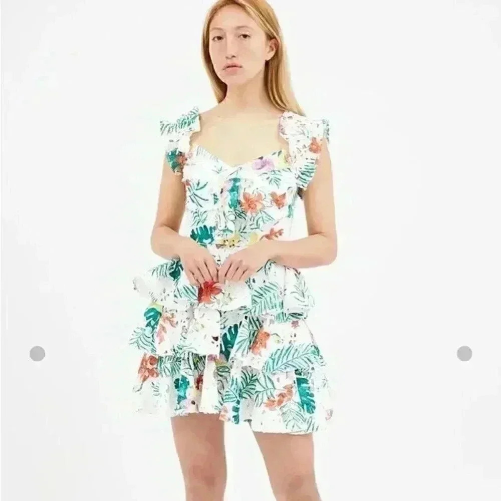 NWOT CAROLINE CONSTAS HELENA PRINTED LACE TIERED DRESS  medium made New York